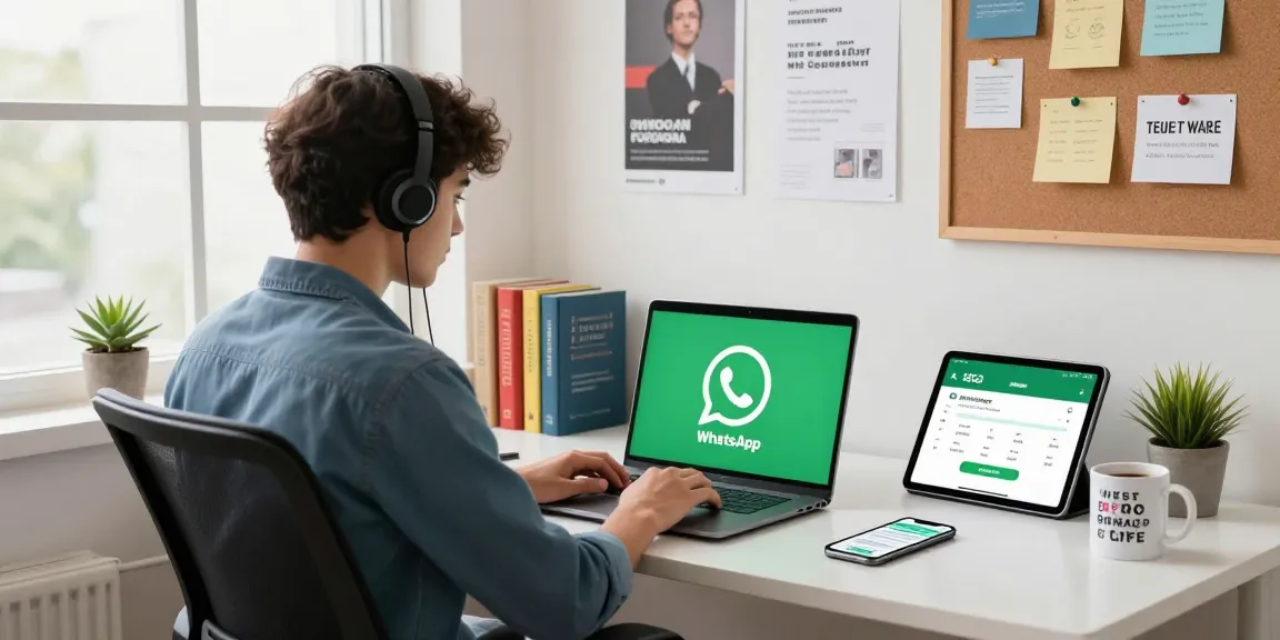 Seamless WhatsApp下載 experience in a modern workspace with tech-savvy elements and vibrant decor.