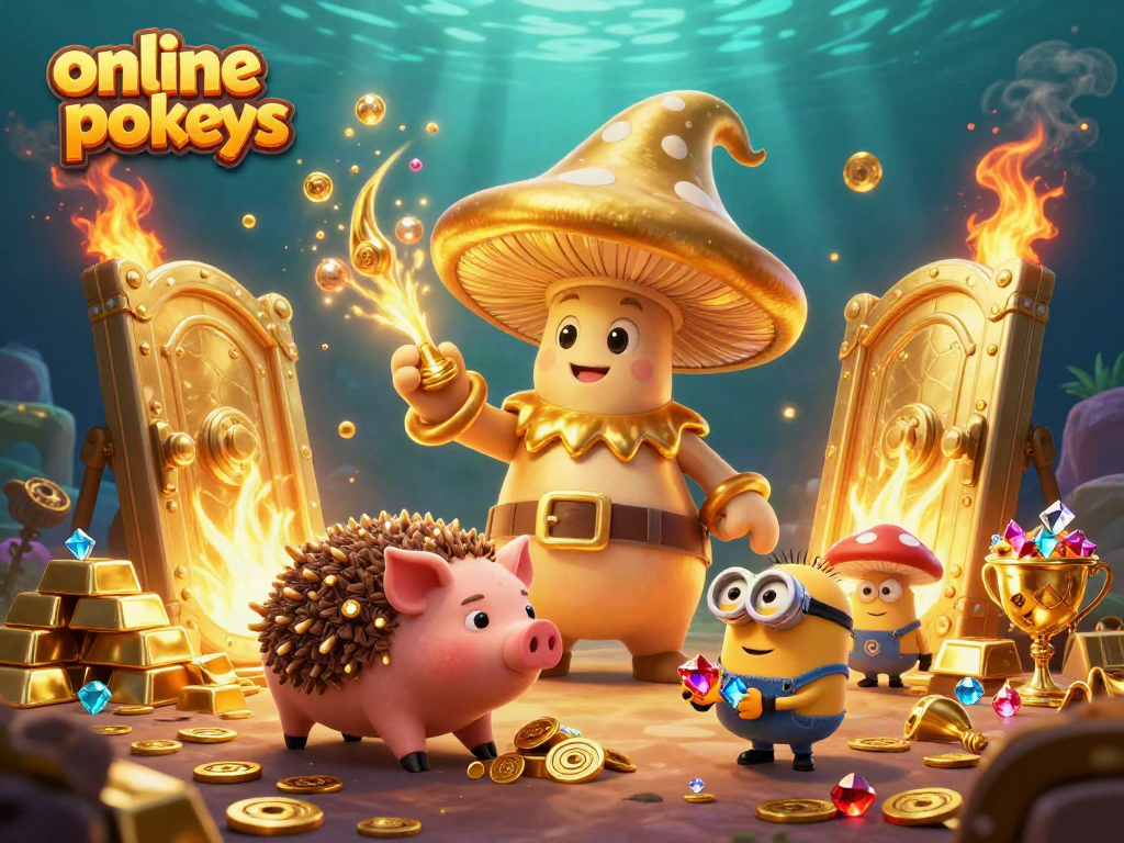 Engaging scene of a golden mushroom wizard and treasures in online pokies.