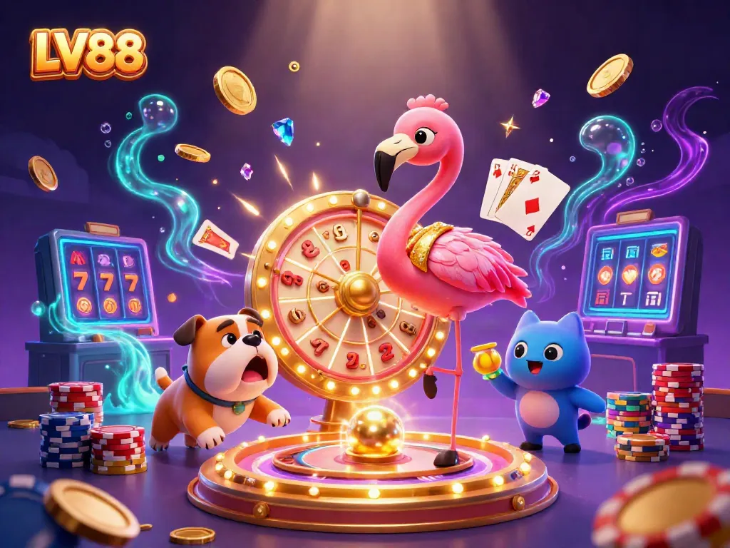 Experience LV88's thrilling gaming scene with vibrant cartoon characters and dynamic casino elements.