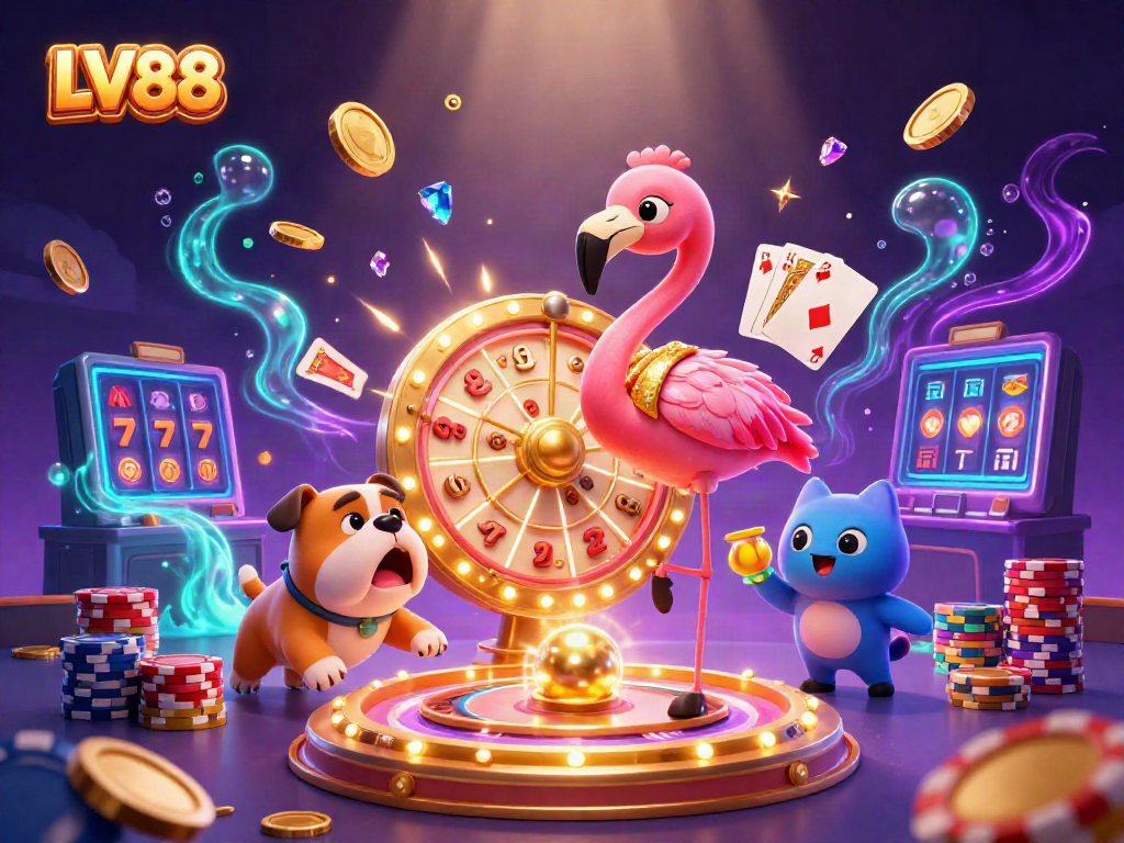Experience LV88's thrilling gaming scene with vibrant cartoon characters and dynamic casino elements.