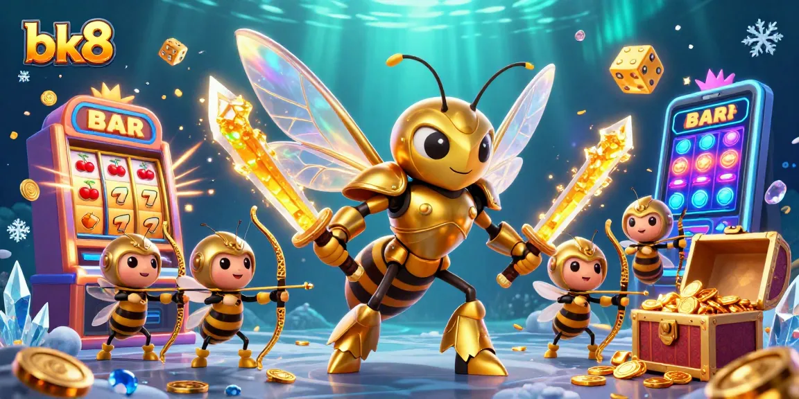 Experience the action at bk8 with a dynamic illustration featuring a golden hornet and casino elements.