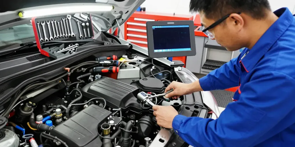 Mechanic working on a car engine using hazet tools in a professional workshop.