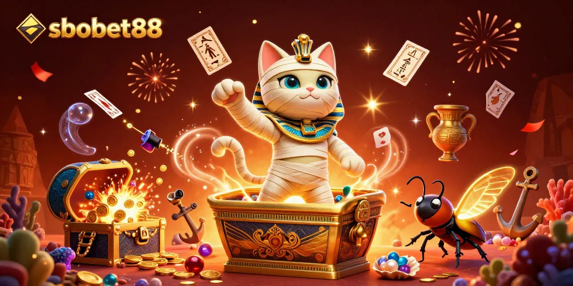 Spark excitement with sbobet88 in a vibrant 3D casino scene featuring an Egyptian mummy cat and glowing scarab.
