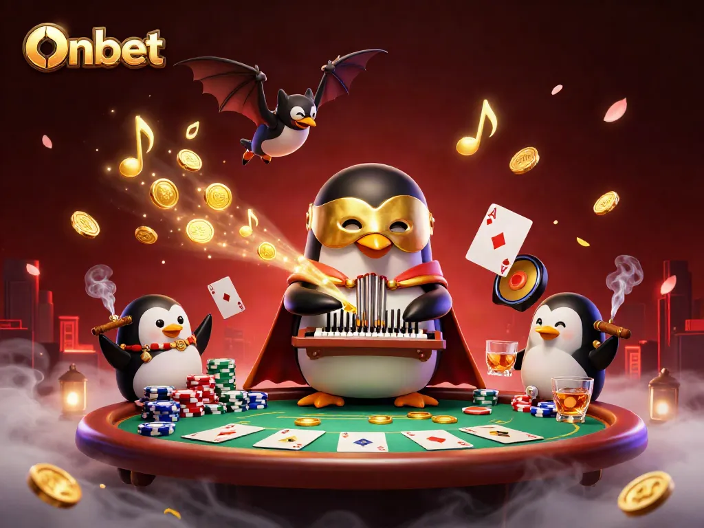 Watch the Onbet penguin captivatingly play a magical organ that shoots golden coins in this detailed casino scene.