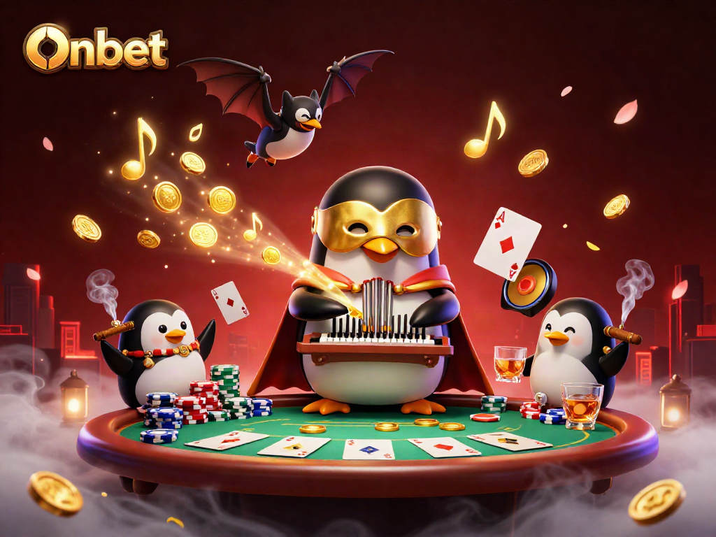 Watch the Onbet penguin captivatingly play a magical organ that shoots golden coins in this detailed casino scene.