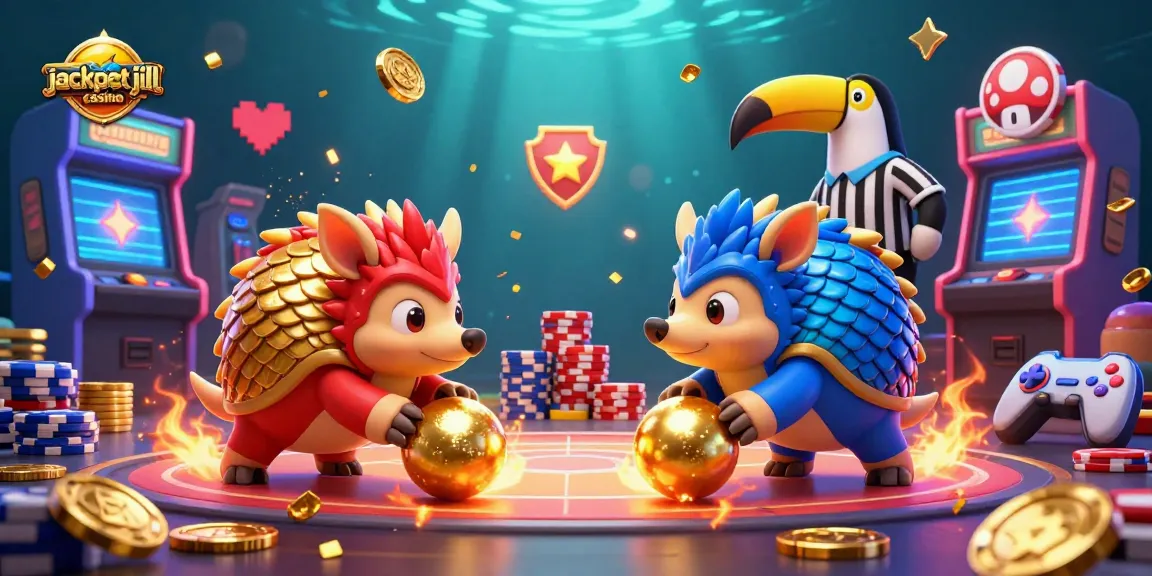 Engage with jackpotjill casino's thrilling atmosphere as rival pangolins roll into golden balls surrounded by poker chips.