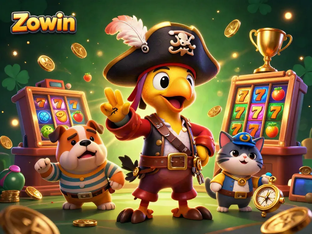 Experience Zowin's excitement with a pirate captain, bulldog, and cat navigating thrilling slot machines.