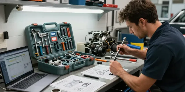 Mechanic using hazet tools to repair a vintage car engine in an automotive workshop.
