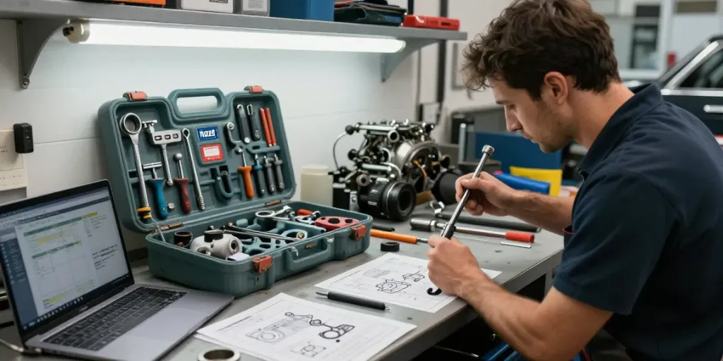 Mechanic using hazet tools to repair a vintage car engine in an automotive workshop.