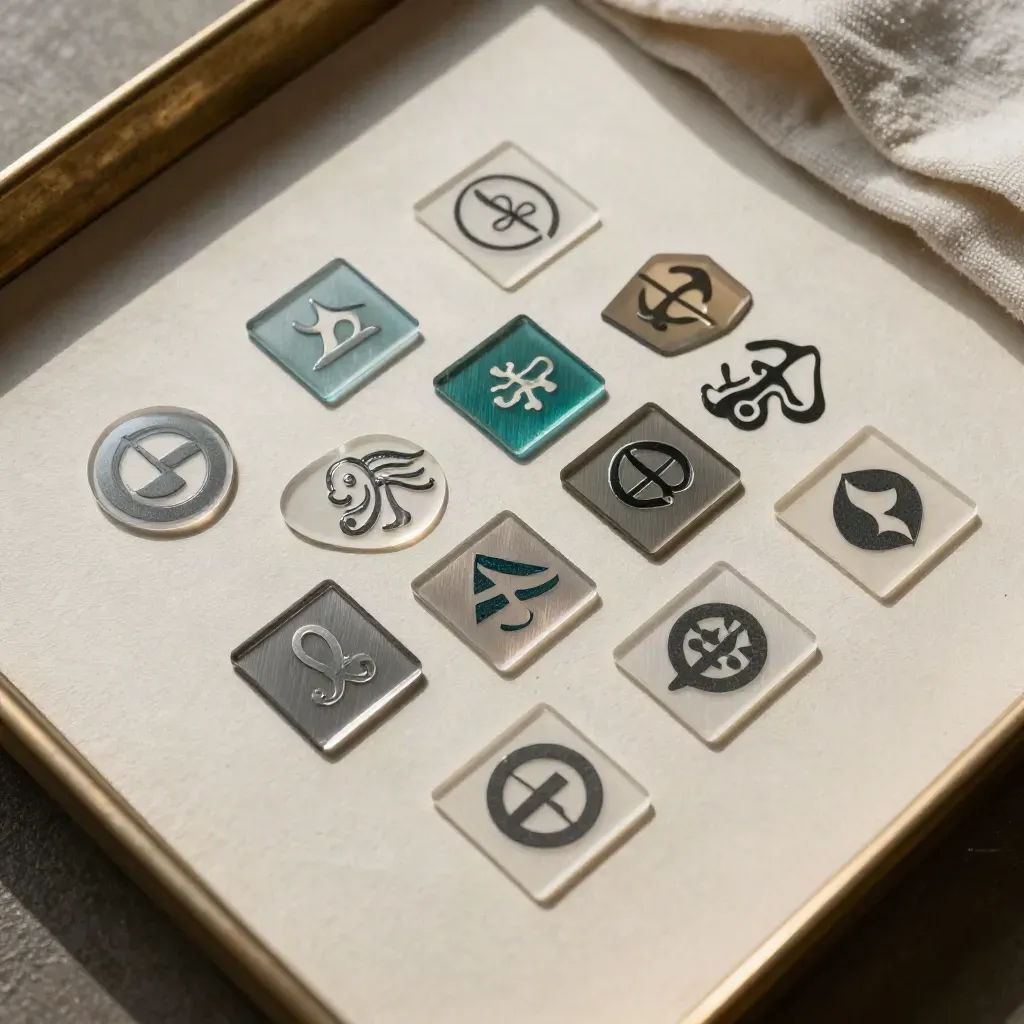 Embossed logo samples and foil proof tiles settling on cream stock in a top-down flat lay.