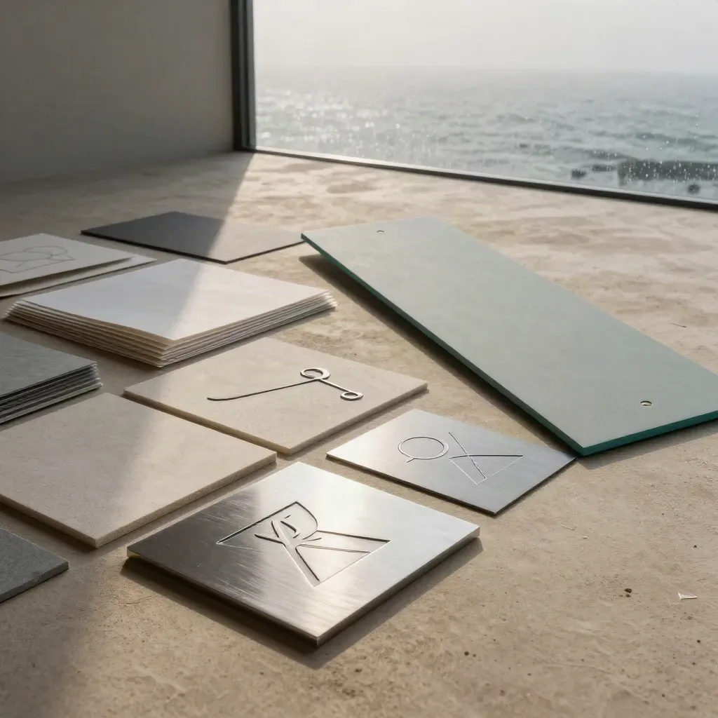 Coastal design studio floor with logo samples and presentation boards in dramatic dawn light