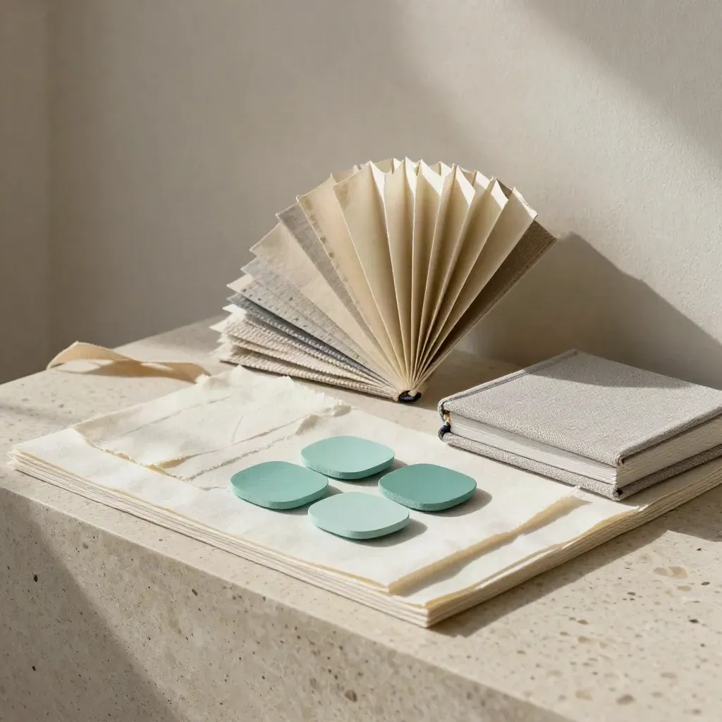 Travertine-plinth visual identity materials: paper swatches, ribbon, colour chips, closed sample book