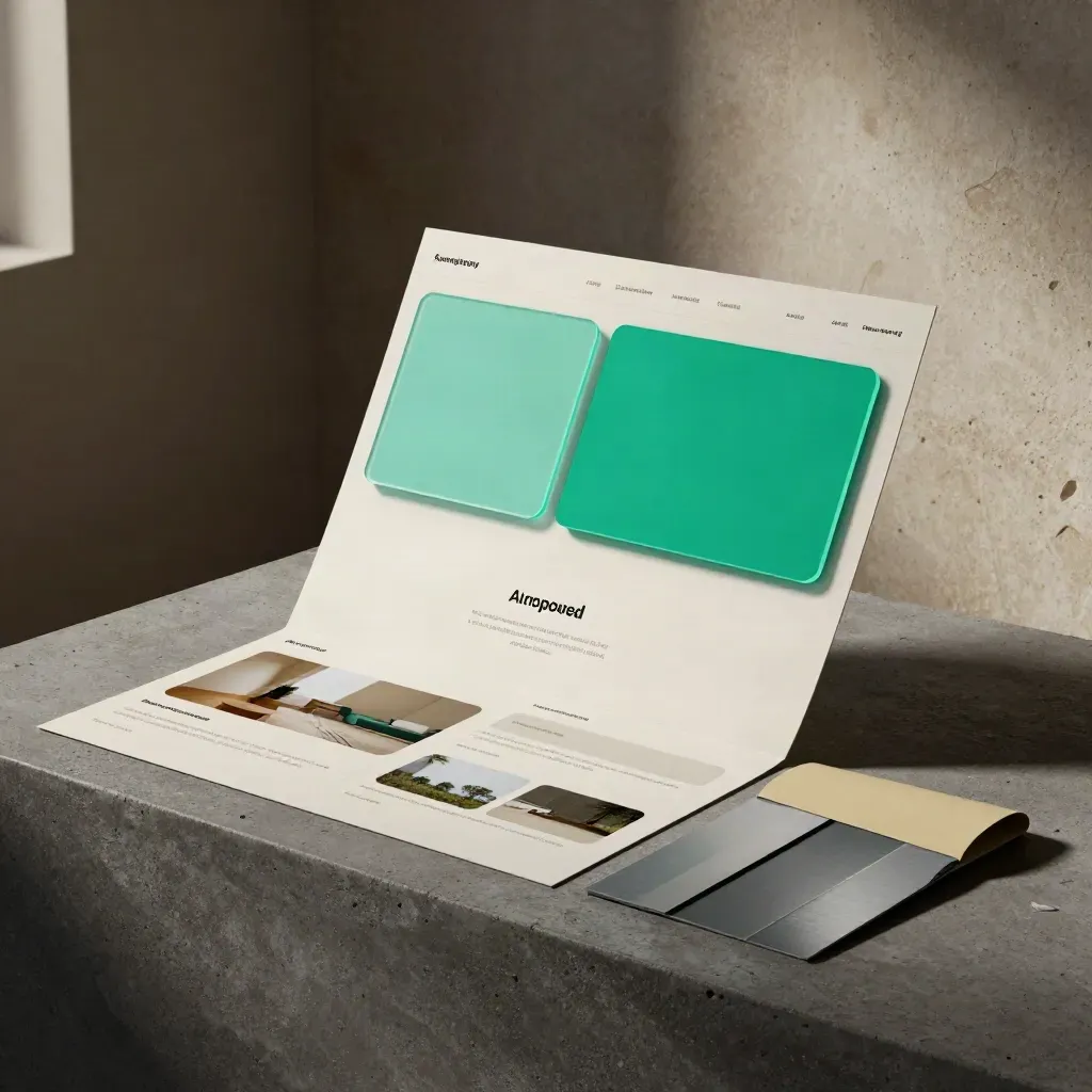 Textless landing-page mockups on concrete with a thin teal accent in a moody studio
