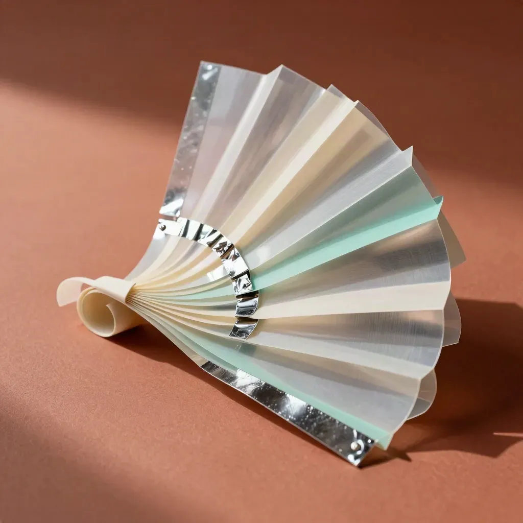 Acetate strips, paper curves and foil accents fanning across a terracotta plaster surface in sharp light.
