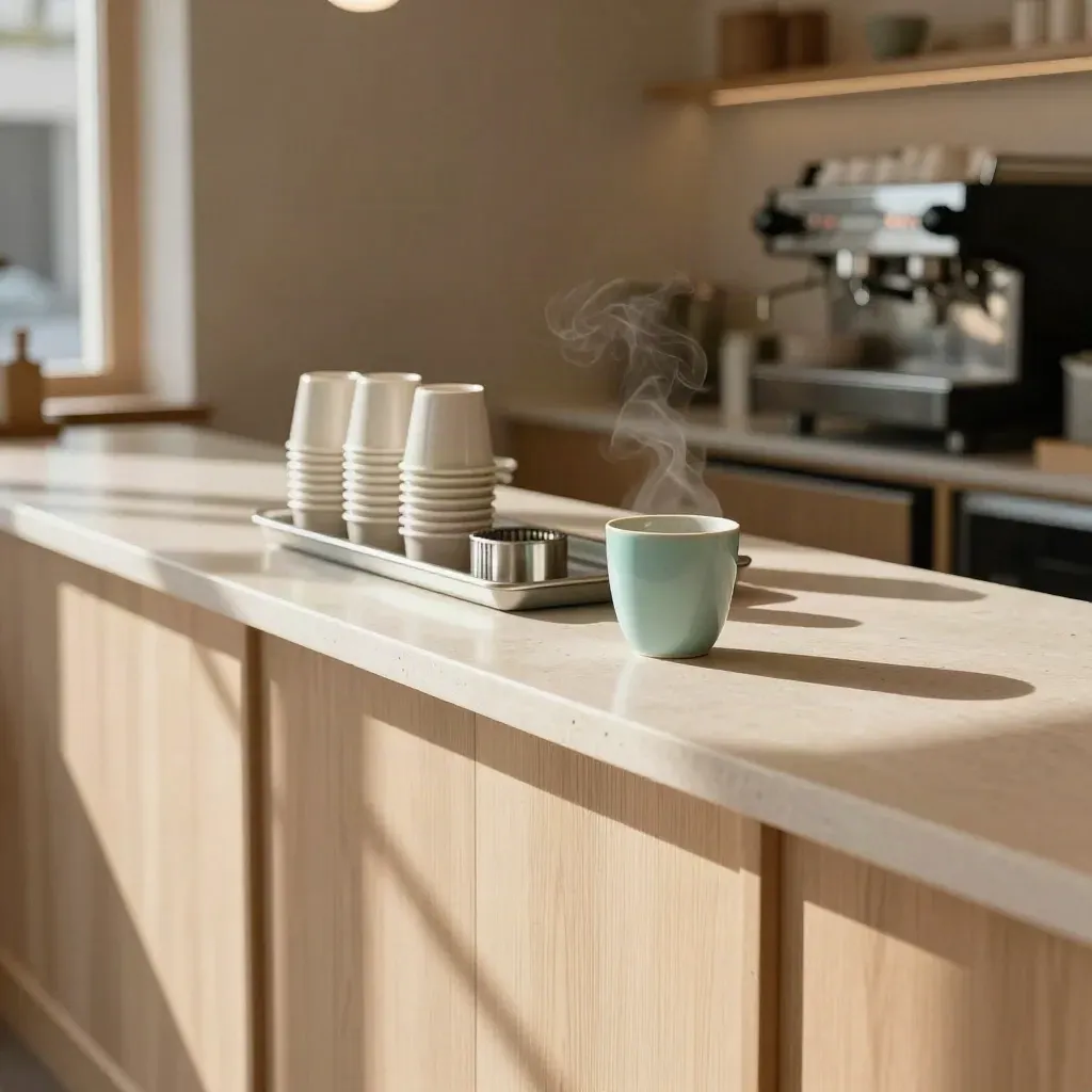 Calm cafe counter with cups, takeaway tubs and steam in morning light.