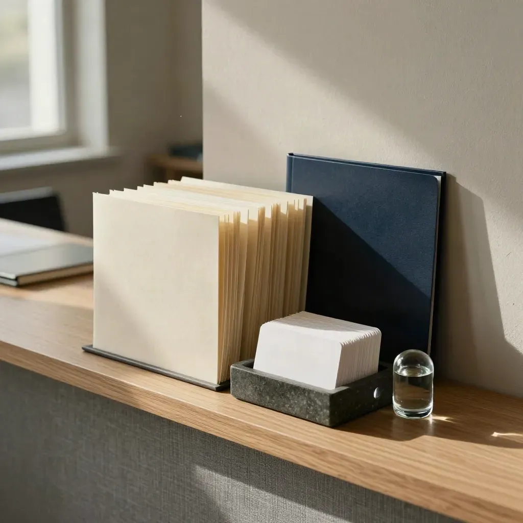 Finance office shelf with folders, card tray, and glass paperweight in warm window light