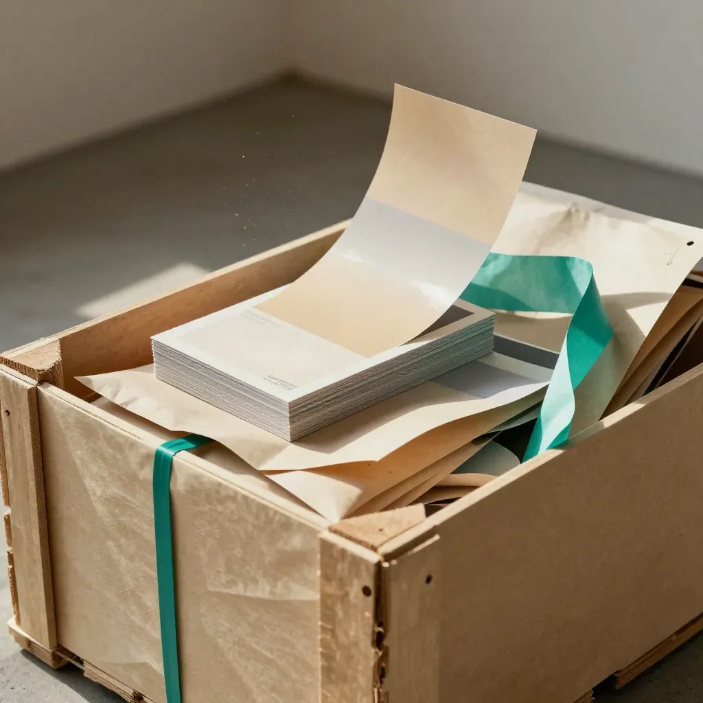 Pale crate packed with sealed mailers, brand cards and proof strips