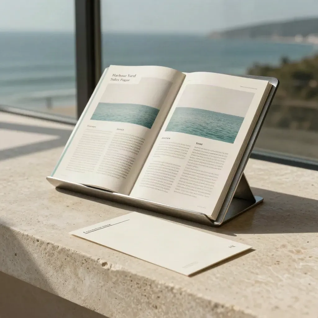 Coastal design studio spread on stone: mockup stand, folded promo sheet and blank lead-capture card.