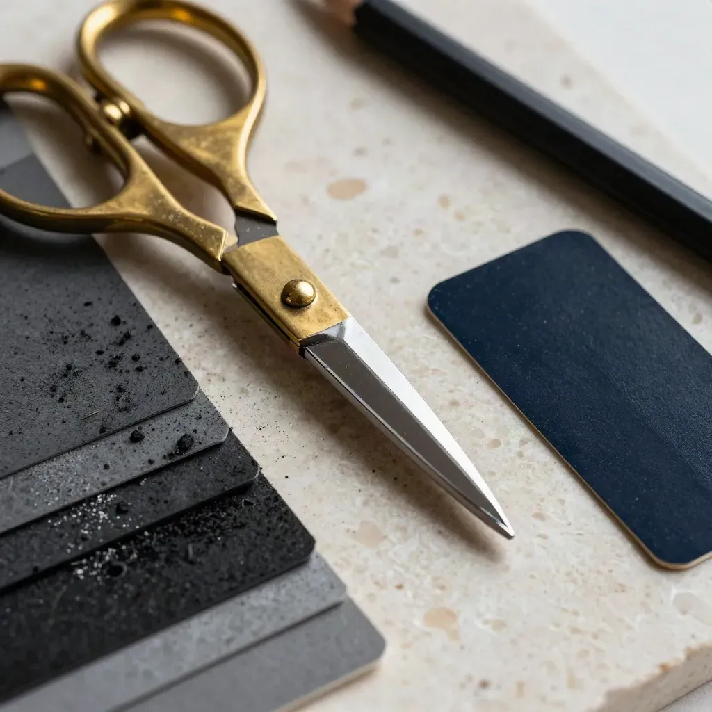 Brass scissors, charcoal swatches, pigment chips and a matte black pencil on travertine.