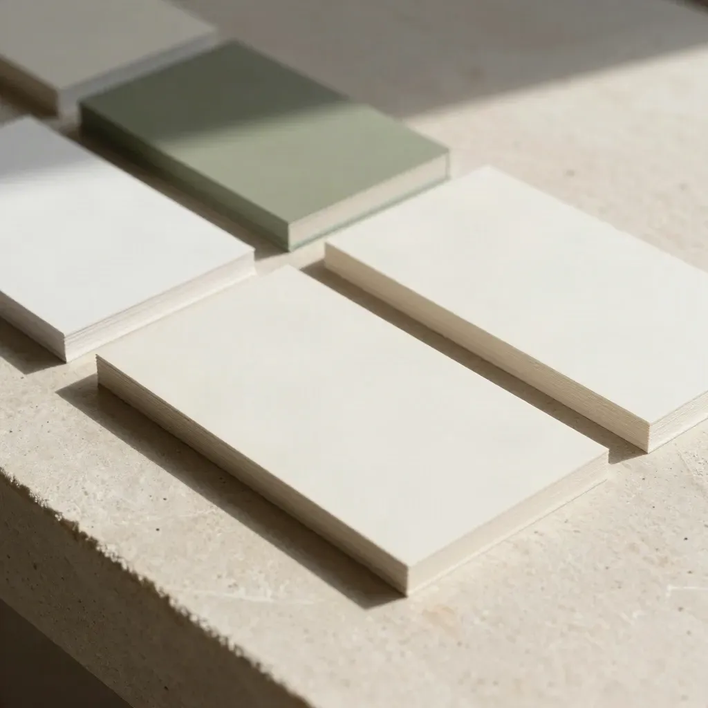 Wireframe blocks, trackpad, and mockup slabs on pale stone in cool daylight.