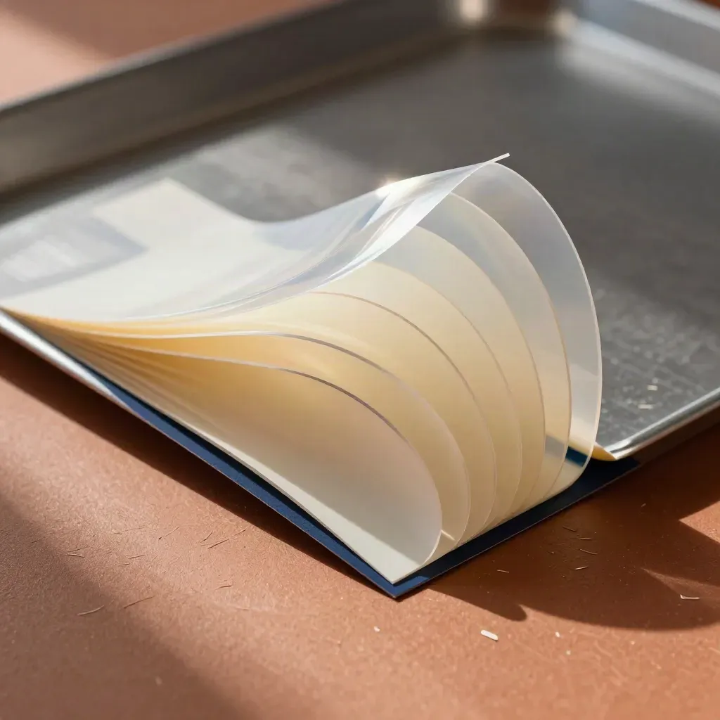 Macro of acetate animation cels, foil strip, and paper arcs on a terracotta studio surface.