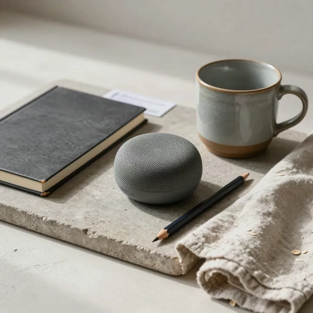 Top-down stone tray with speaker puck, notebook, pencil, mug and linen cloth in soft daylight.