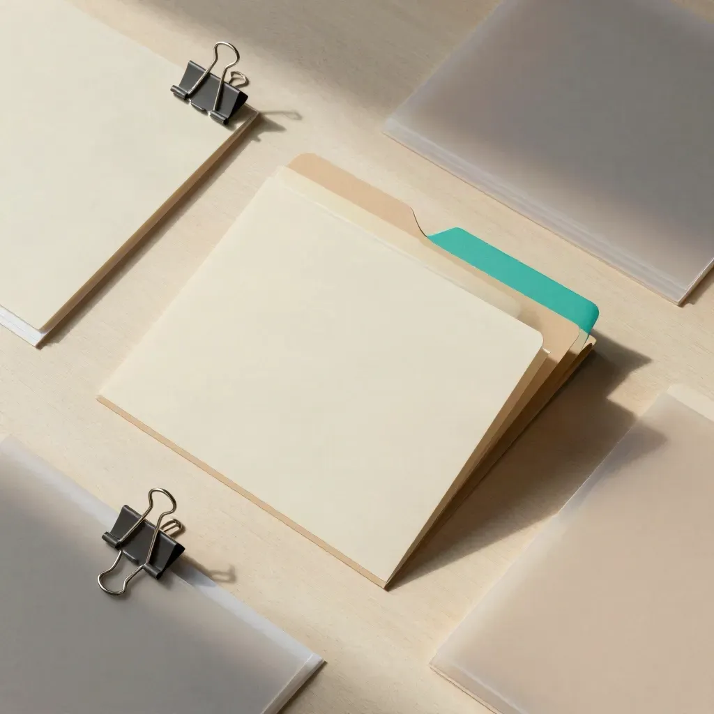 Overhead flat lay of folder sleeves, dividers and binder clips on pale wood with a teal accent