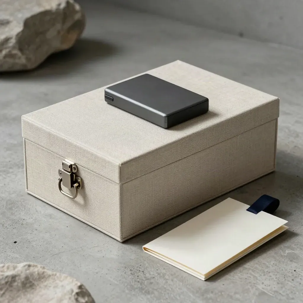 Linen archive box, sealed drive, and folded sleeve on concrete in soft side light.