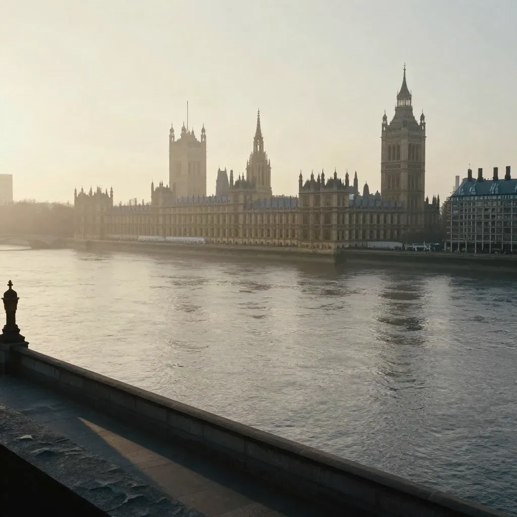 Dawn haze over the Thames with Westminster and London rooftops above a calm river.