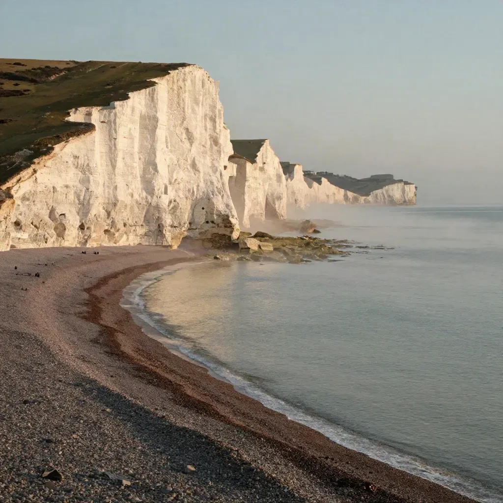 White cliffs over a misty shingle coast at golden hour with calm sea and open copy space.
