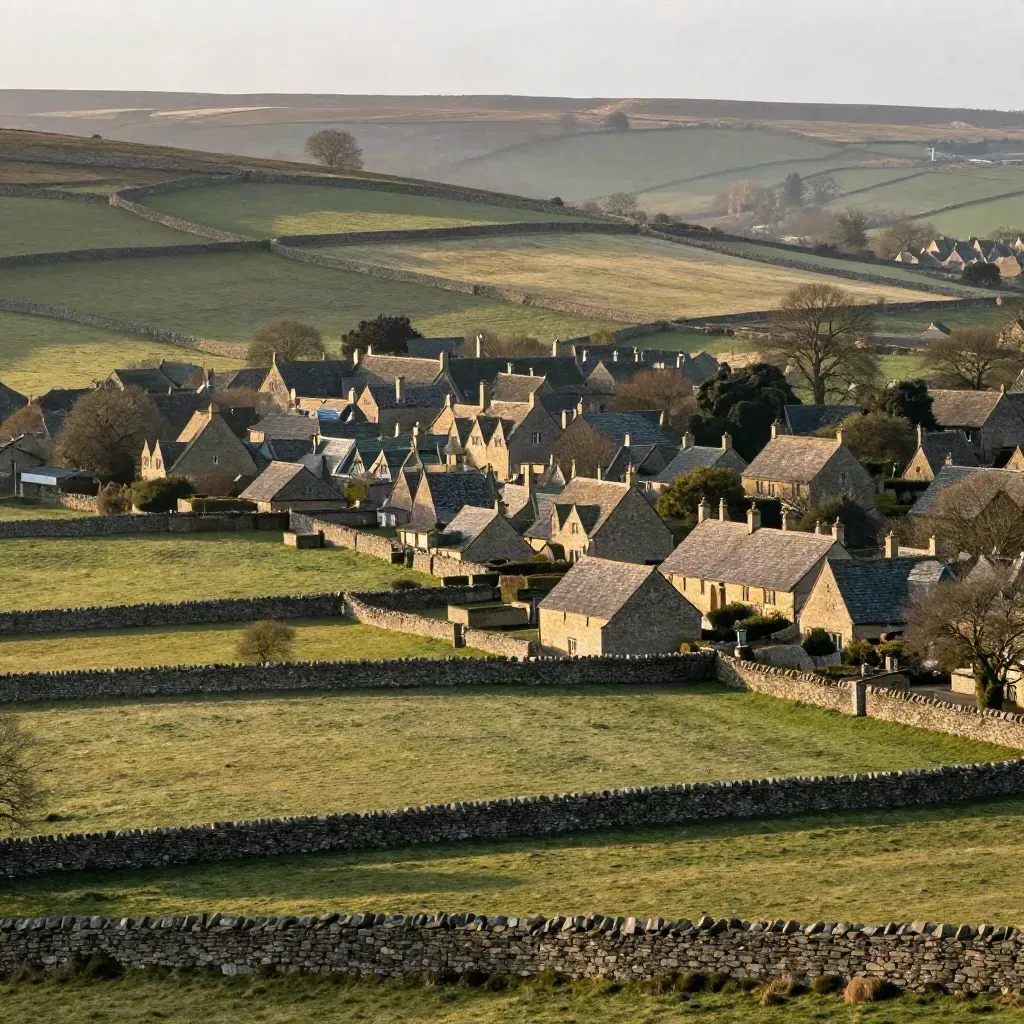 Hazy Cotswold villages and stone walls above calm rolling fields at sunset.