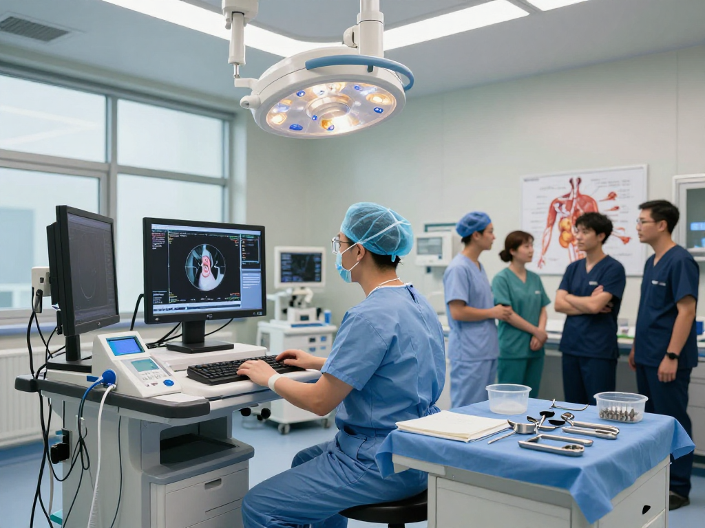 Interventional radiology and imaging with a radiologist using imaging equipment in a modern medical facility.
