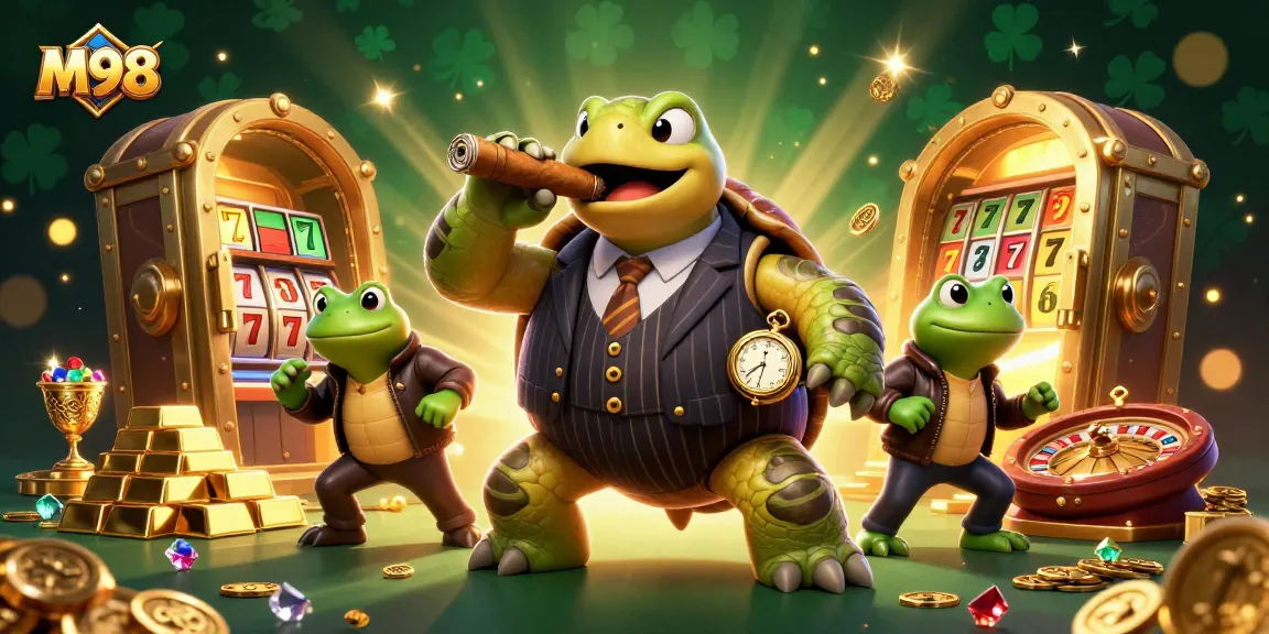 M98 slots and casino games illustrated with a cartoon turtle and bullfrog enforcers in a treasure scene