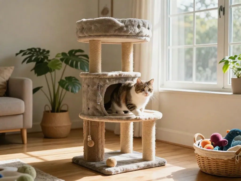 Cat tree in a sunny living room with a playful cat climbing, showcasing cat-friendly furniture.