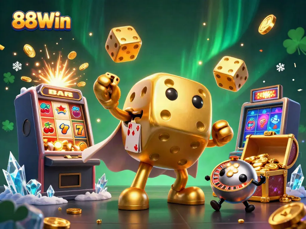 Join the fun with 88Win's dynamic casino-themed characters in an action-packed scene filled with golden dice, slot machines, and jackpots.
