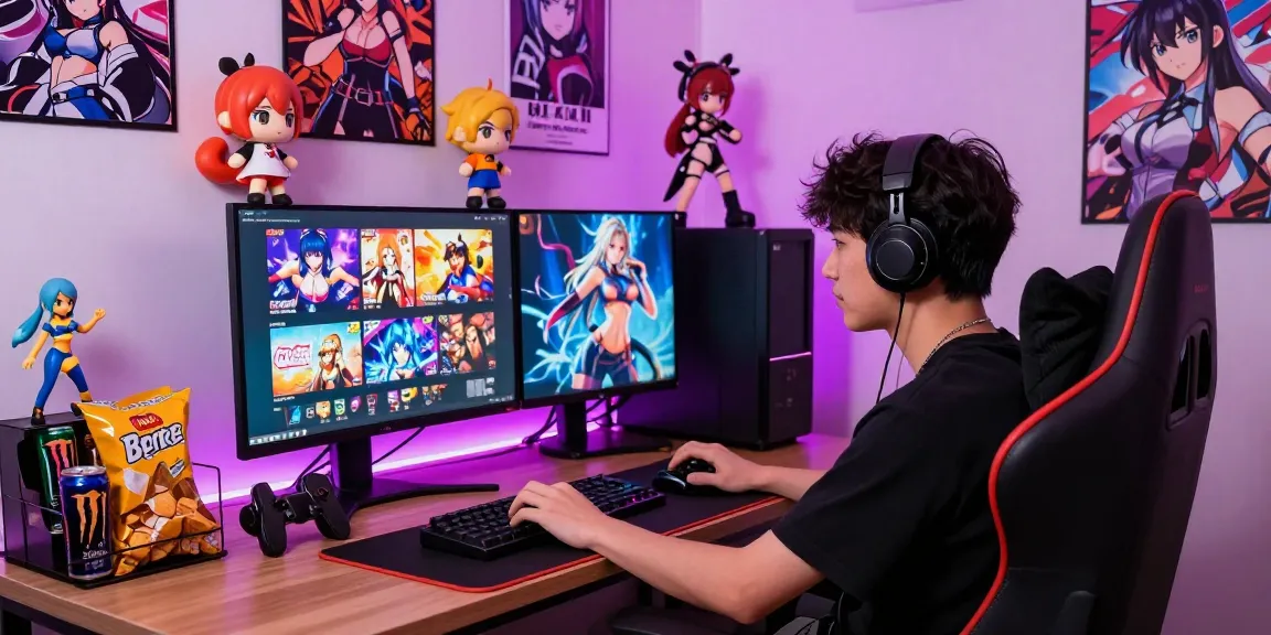Gamer playing ecchi games in vibrant gaming studio with colorful decor and engaging atmosphere.