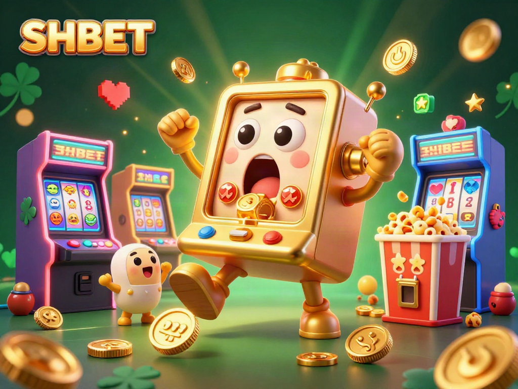 Engage with SHBET's exciting slot machine jackpot scene surrounded by cheering baby machines and colorful game elements.