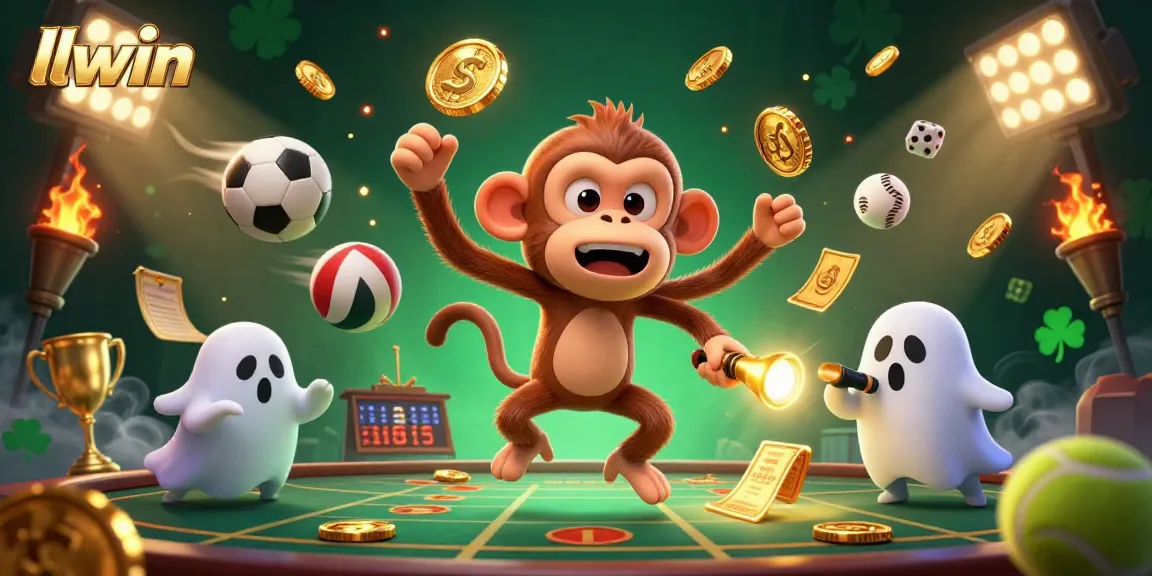 Experience thrilling gambling at llwin with a vibrant illustration of a playful poltergeist monkey and a curious ghost-hunter puppy.