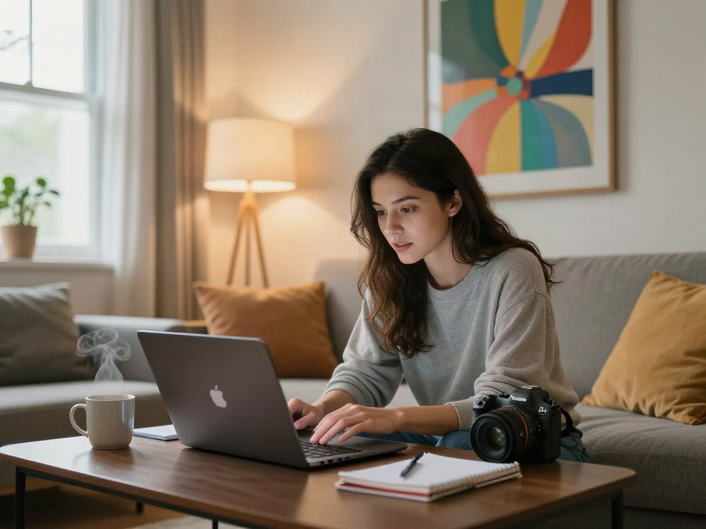 AI chat porn scene with a woman engaging in digital conversations in a cozy apartment.