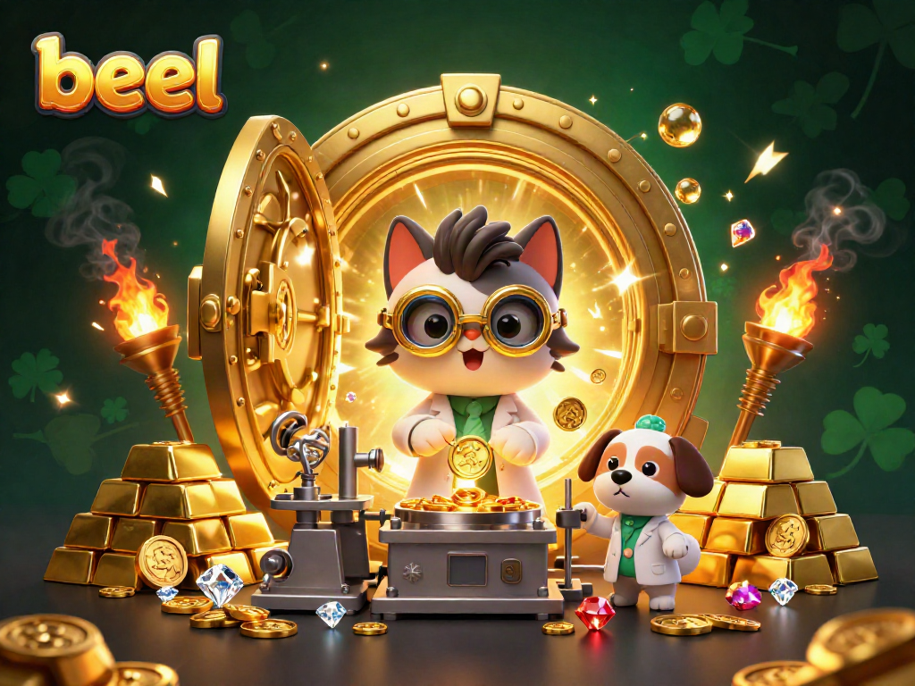 Engage in exciting gaming moments with beel as a mad scientist cat and assistant unveil a treasure vault.