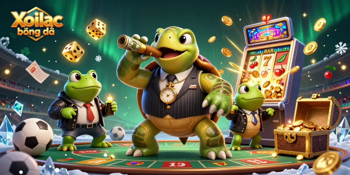 Xoilac bóng đá captures thrilling moments of sports betting with a cartoon turtle and bullfrogs amidst colorful gaming action.