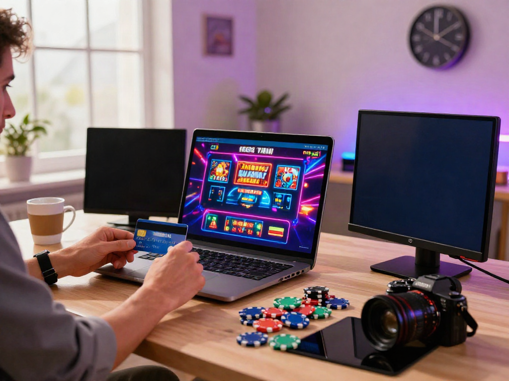 Player making a deposit at UK credit card casinos from a sleek laptop in a vibrant home office.