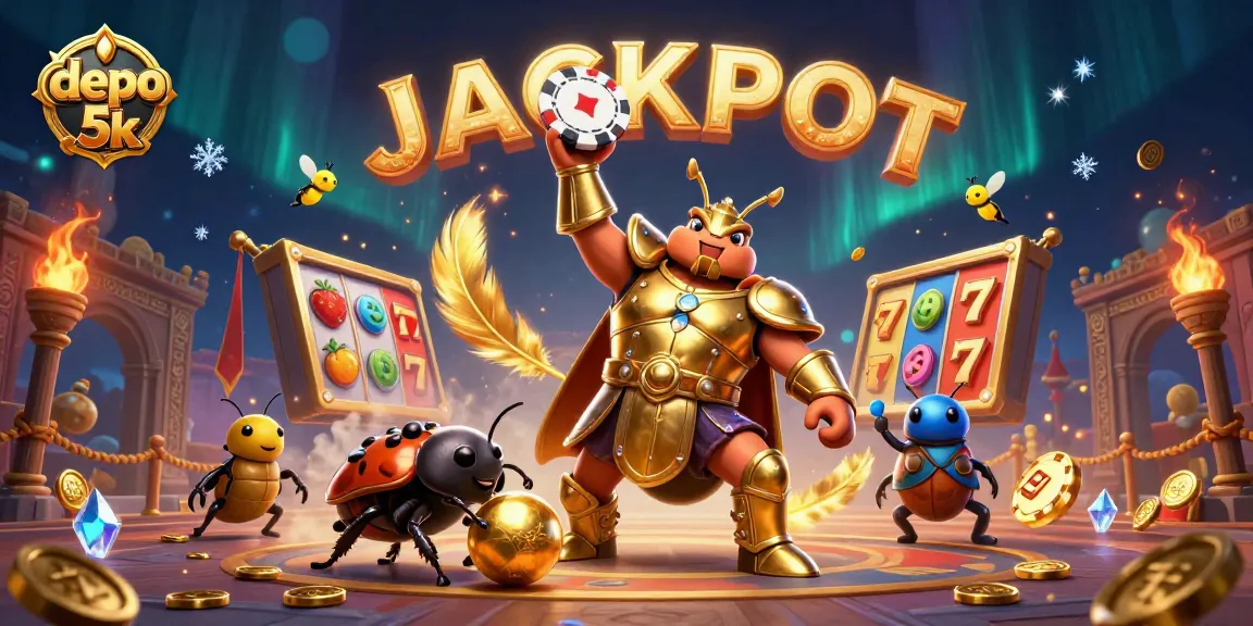 Engage with depo 5k in a vibrant 3D illustration showcasing a victorious beetle and gambling elements.