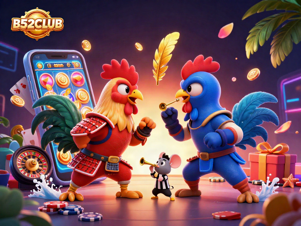 B52CLUB brings excitement with cartoon roosters standoff among vibrant casino games and elements.