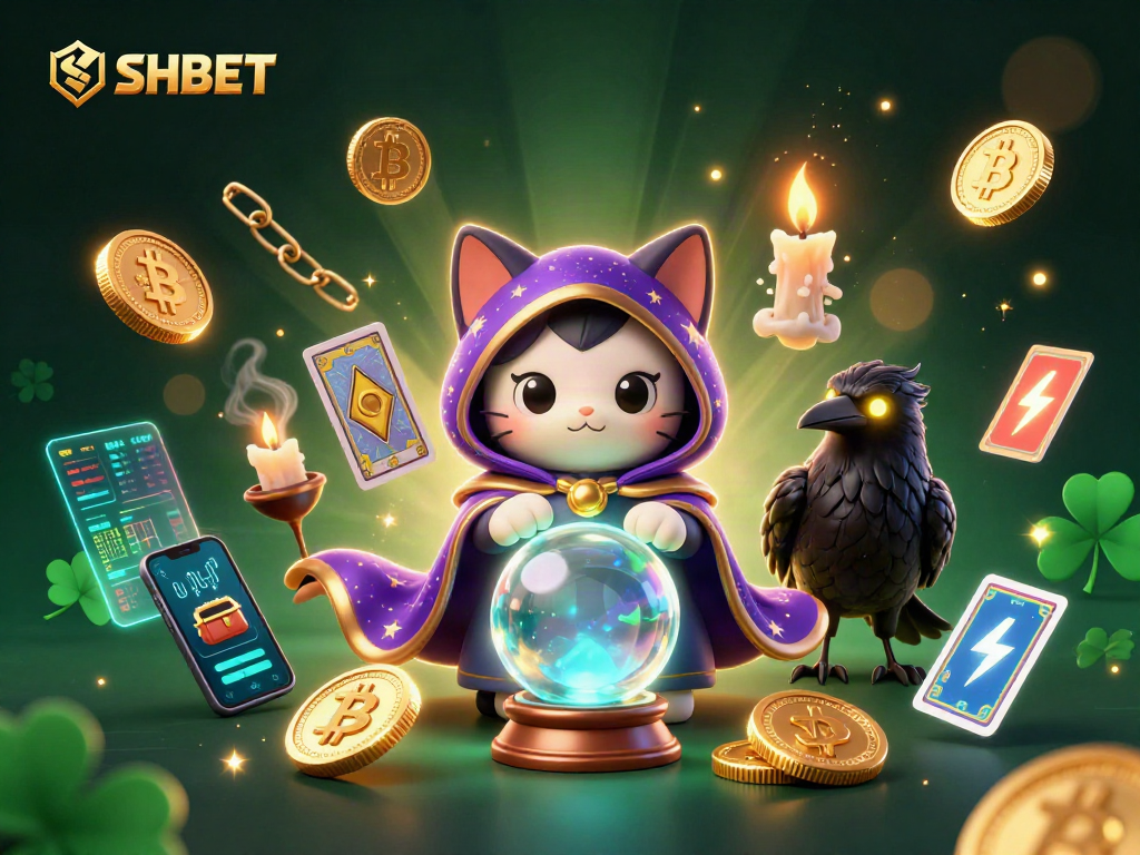 Engage with SHBET in a magical 3D casino world featuring vibrant characters and crypto elements.