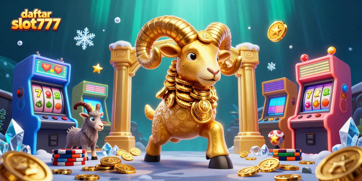 Engage with daftar slot777 featuring a vibrant casino-themed scene of golden ram and colorful game machines.