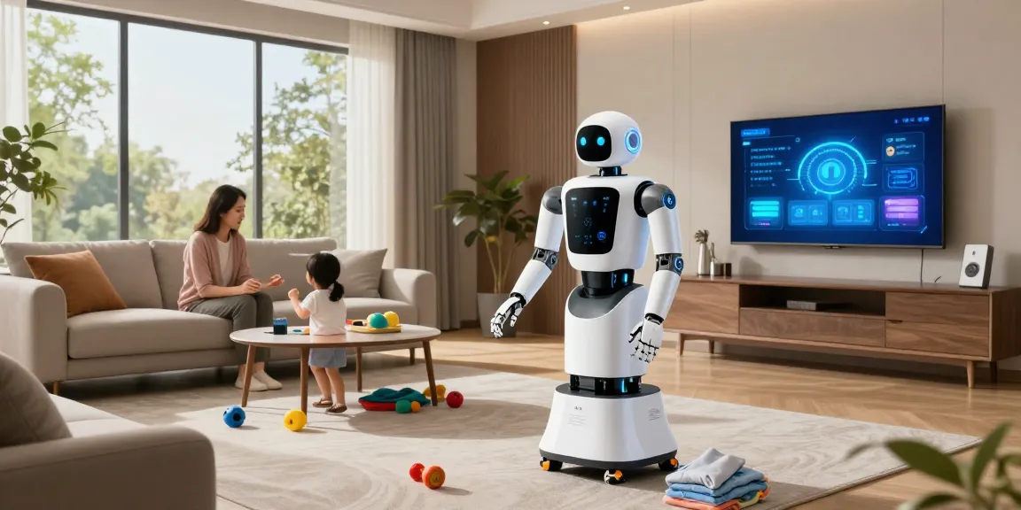 Humanoid home robot 2026 assisting with household chores in a modern living room.