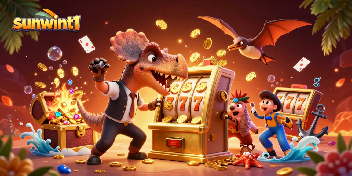 Experience jackpots with sunwint1 as a cartoon dinosaur celebrates big wins at the casino.
