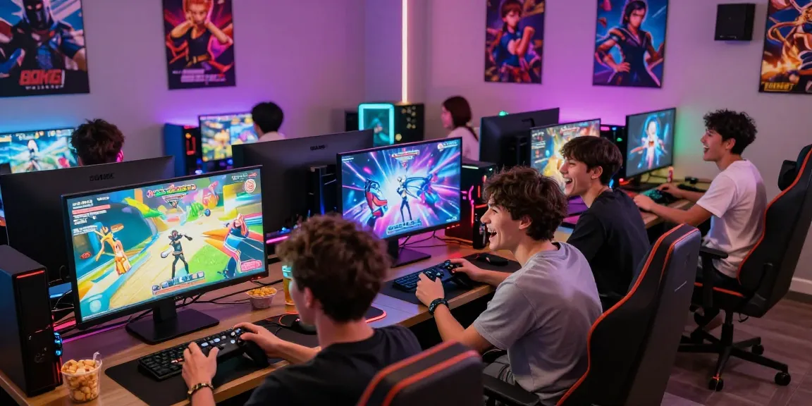 Engaged gamers playing ecchi games in a vibrant gaming lounge, showcasing dynamic interactions and immersive graphics.