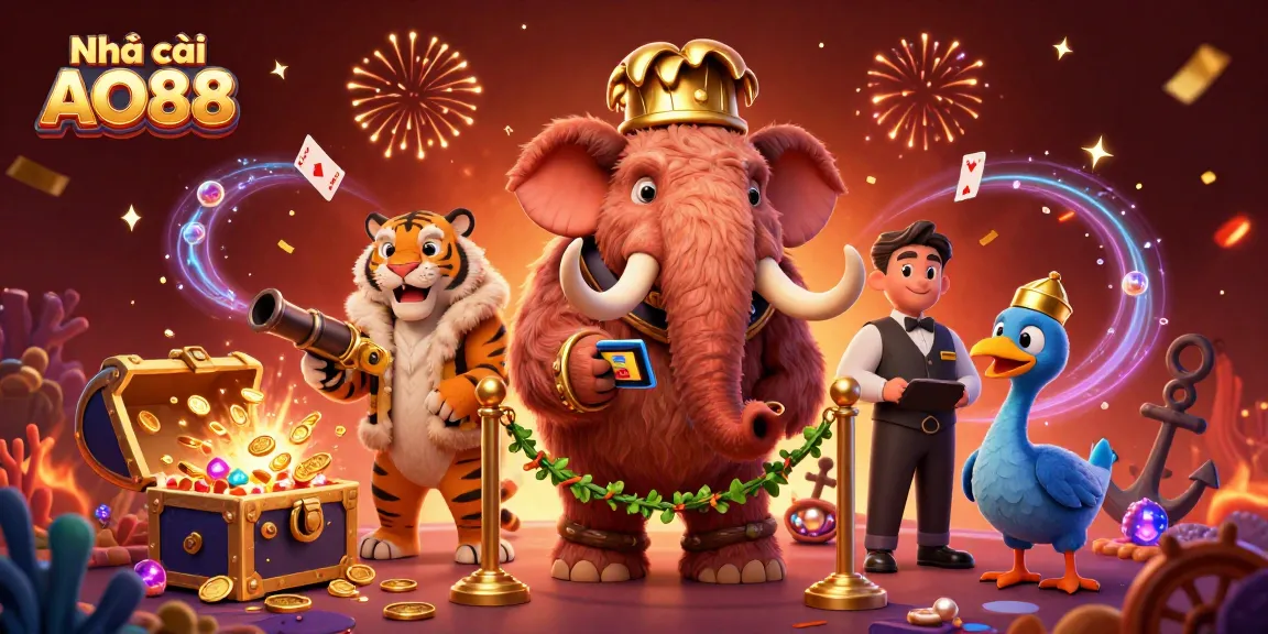 Enter the world of Nhà cái AO88 with a lively 3D illustration featuring dynamic casino characters and vibrant game elements.